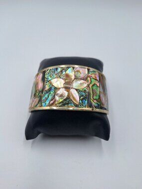 Vintage Alpaca Inlaid Abalone Silver Cuff Bracelet Star Mosaic Panel Background